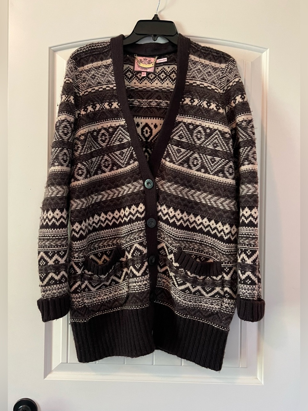 Juicy Couture Fair Isle knit wool mohair soft cozy brown and cream cardigan XL